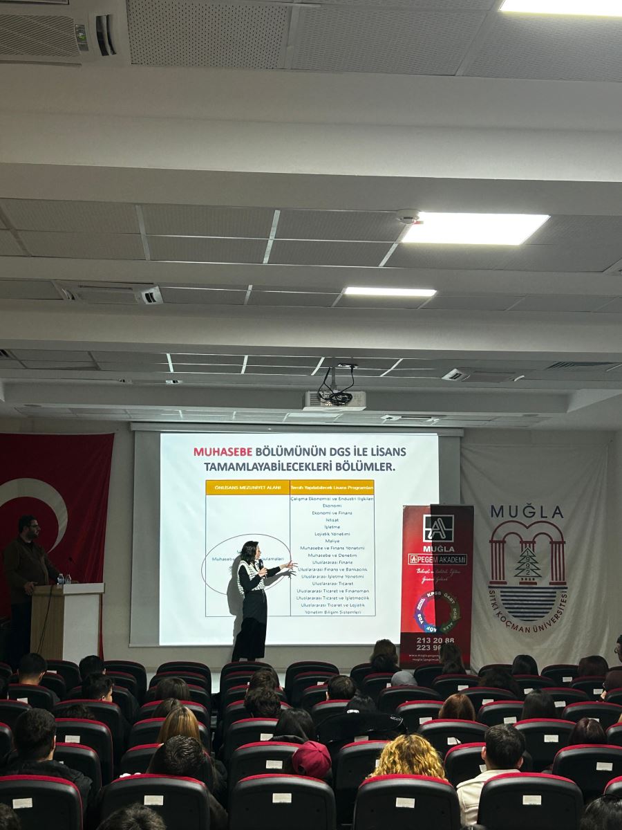 The photo shows a moment during a presentation in a conference hall. On the left side of the stage, a man stands, while in the center a woman is giving a presentation, pointing at a slide projected on the screen. The audience is seated in red-and-black chairs, watching the talk. The slide displays a list of undergraduate completion programs related to the accounting department. In the background, a Turkish flag and the Muğla Sıtkı Koçman University logo are visible.