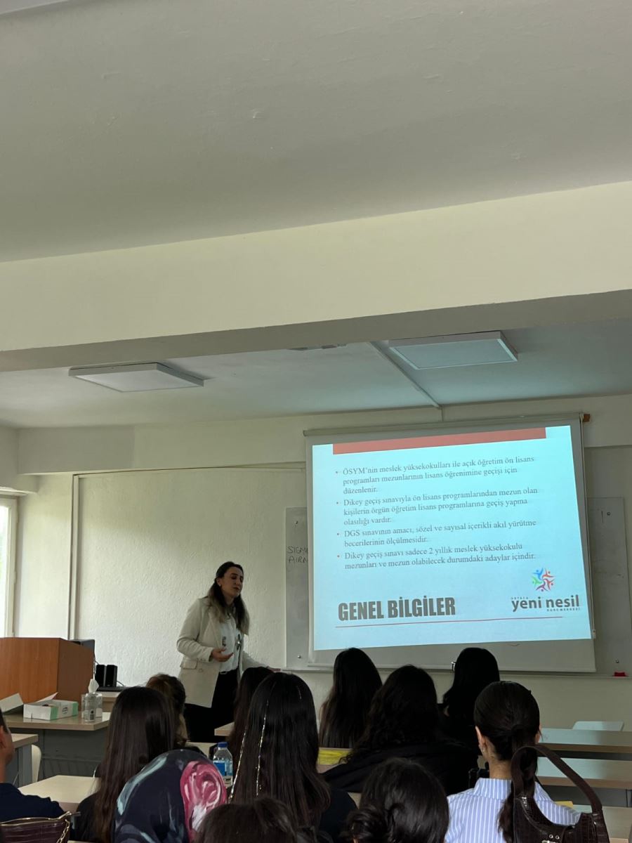 An informative seminar on the Vertical Transfer Exam (DGS) was held at Dalaman Vocational School in order to prepare associate degree students for undergraduate programs. The seminar was held on Tuesday, April 22, 2025 by Guidance Counselor Hale Cetin. In the seminar, many topics such as the scope of the exam, application process, scoring system, preference period and study methods were discussed. During the seminar, students had the opportunity to ask questions and gained motivation for the exam process.