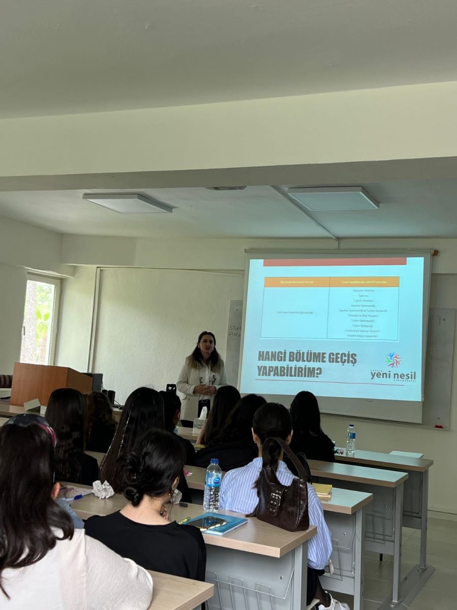 An informative seminar on the Vertical Transfer Exam (DGS) was held at Dalaman Vocational School in order to prepare associate degree students for undergraduate programs. The seminar was held on Tuesday, April 22, 2025 by Guidance Counselor Hale Cetin. In the seminar, many topics such as the scope of the exam, application process, scoring system, preference period and study methods were discussed. During the seminar, students had the opportunity to ask questions and gained motivation for the exam process.